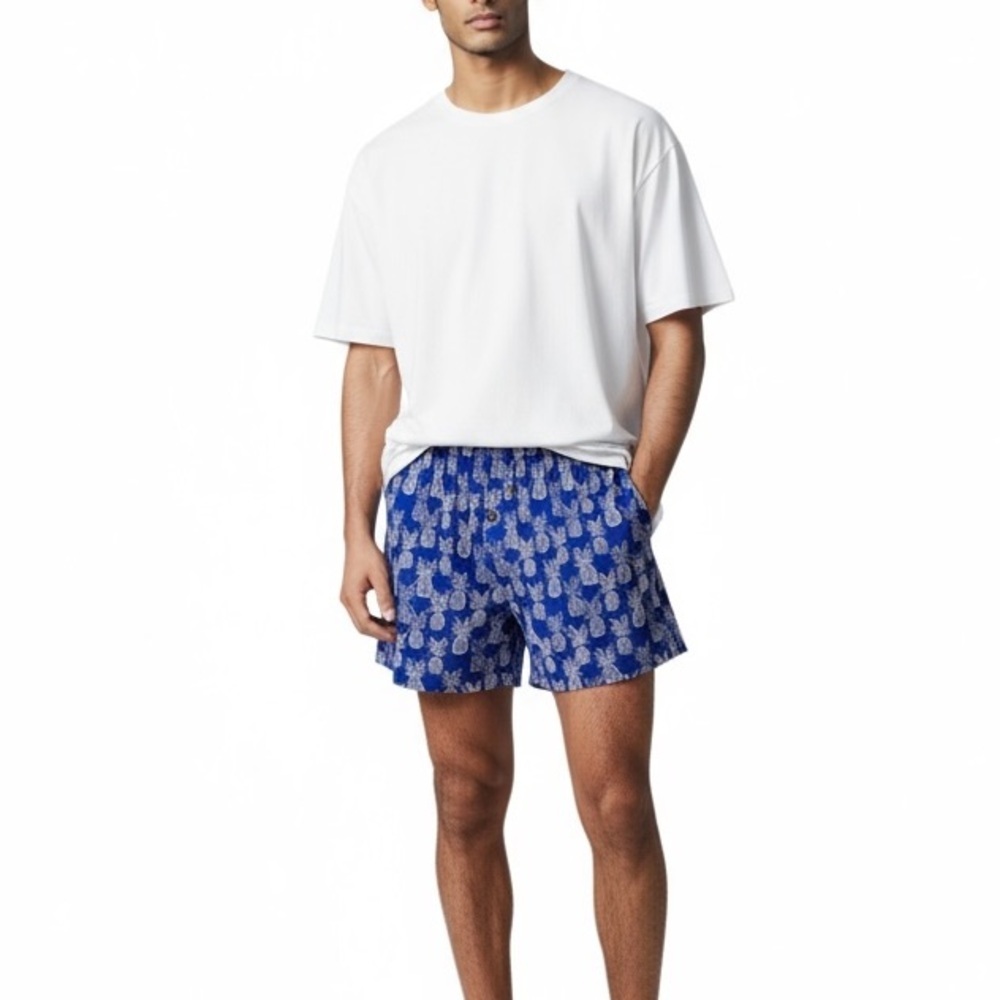 BAMBOOBOXER COMPANY Blue White Flat Front Shorts with Pineapple Print undies M